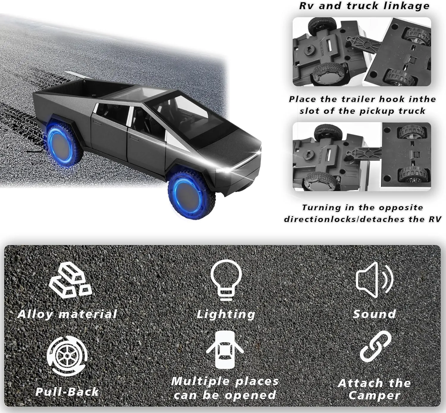 Truck Toy, Car Toy with RV, Motorcycle Cybertquad and Truck, 1/32 Alloy Diecast Pickup Trailer Model Kit with Light and Sound, for Kids Aged 6 and Up - Black