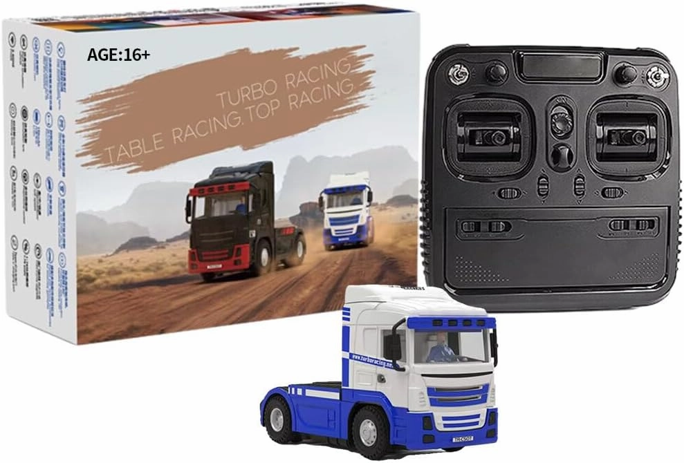 Turbo Racing 1/76 RC Semi Truck, 2.4GHz 3CH Electric 4WD Mini Remote Control Tractor Model, Desktop Scale Vehicle for Hobbyists (RTR/Blue & White)