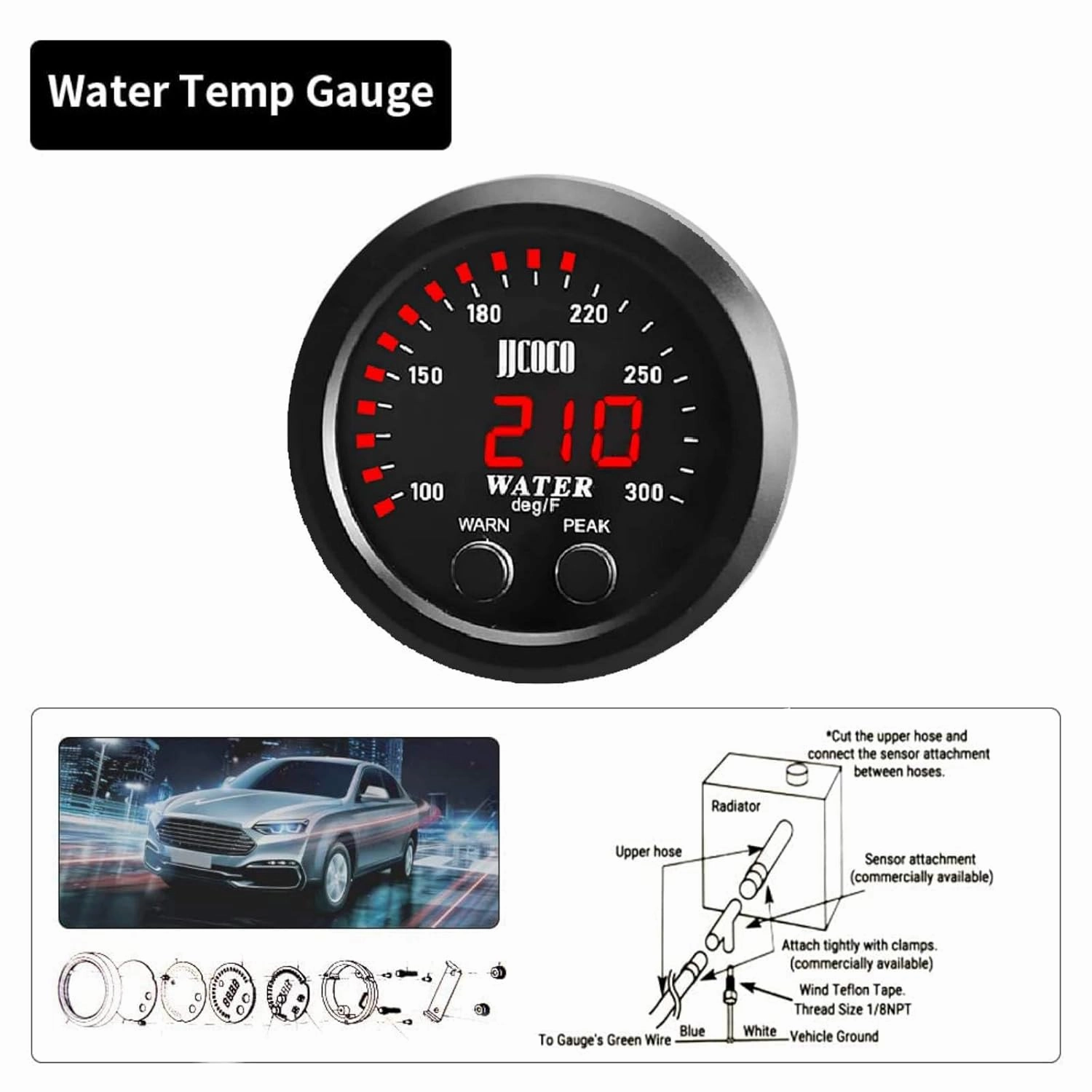 Universal 52mm Water Temperature Gauge 100-300F(38-150C) Electronic Red Digital LED DC12V for Car Automotive with Joint Pipe Radiator Sensor Adaptor Black 38MM