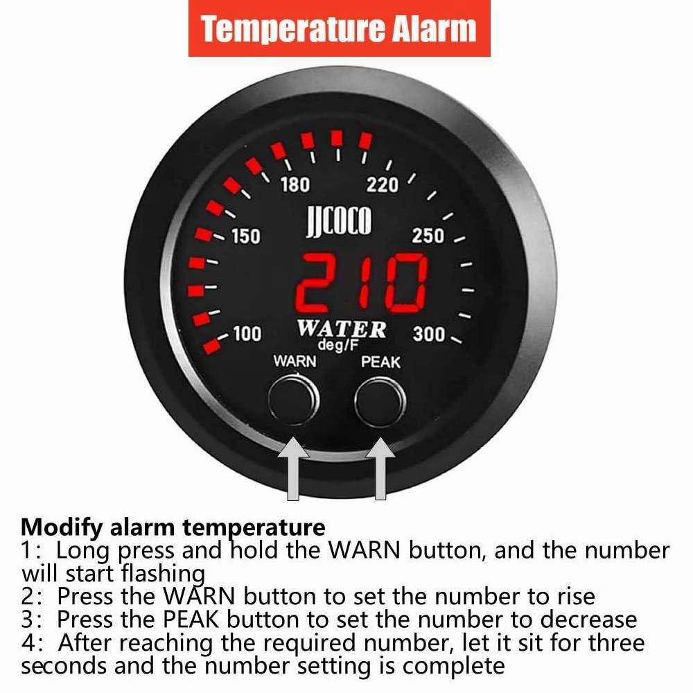 Universal 52mm Water Temperature Gauge 100-300F(38-150C) Electronic Red Digital LED DC12V for Car Automotive with Joint Pipe Radiator Sensor Adaptor Black 38MM