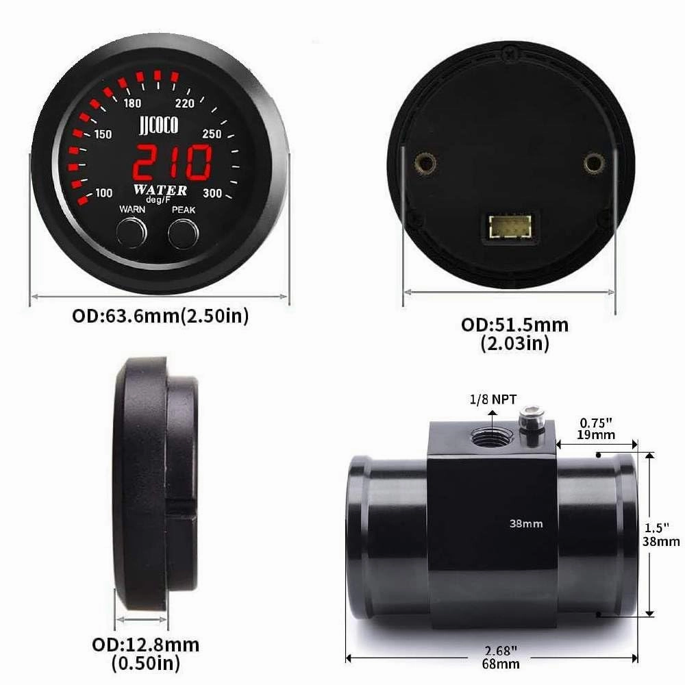 Universal 52mm Water Temperature Gauge 100-300F(38-150C) Electronic Red Digital LED DC12V for Car Automotive with Joint Pipe Radiator Sensor Adaptor Black 38MM