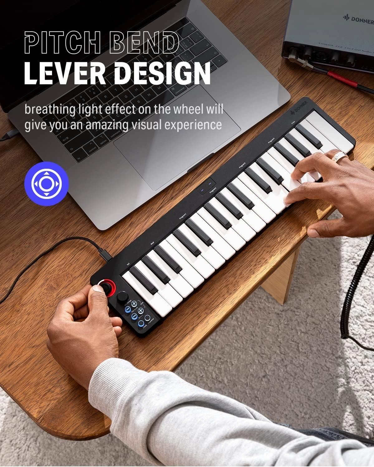 USB MIDI Keyboard Controller MINI 32-Key, Donner N-32 with Screen, Sequencer, Chord, Bend Sound Effects By Light-up Joystick for Mac/PC, Music Production Software, 40 Teaching Courses