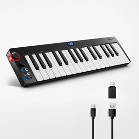 USB MIDI Keyboard Controller MINI 32-Key, Donner N-32 with Screen, Sequencer, Chord, Bend Sound Effects By Light-up Joystick for Mac/PC, Music Production Software, 40 Teaching Courses