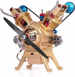 V2 Double-Cylinder Engine Model That Works, All-Metal Car Mini Manual Assembly Engine Model Toy Decoration, Science Educational Toys Gift（Some Parts Random Color）