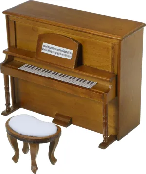 Vaguelly 1:12 Mini Upright Piano, Miniature Dollhouse Piano with Stool Doll House Tiny Piano Model Toy Furniture Brown Pretend Play Photography Props