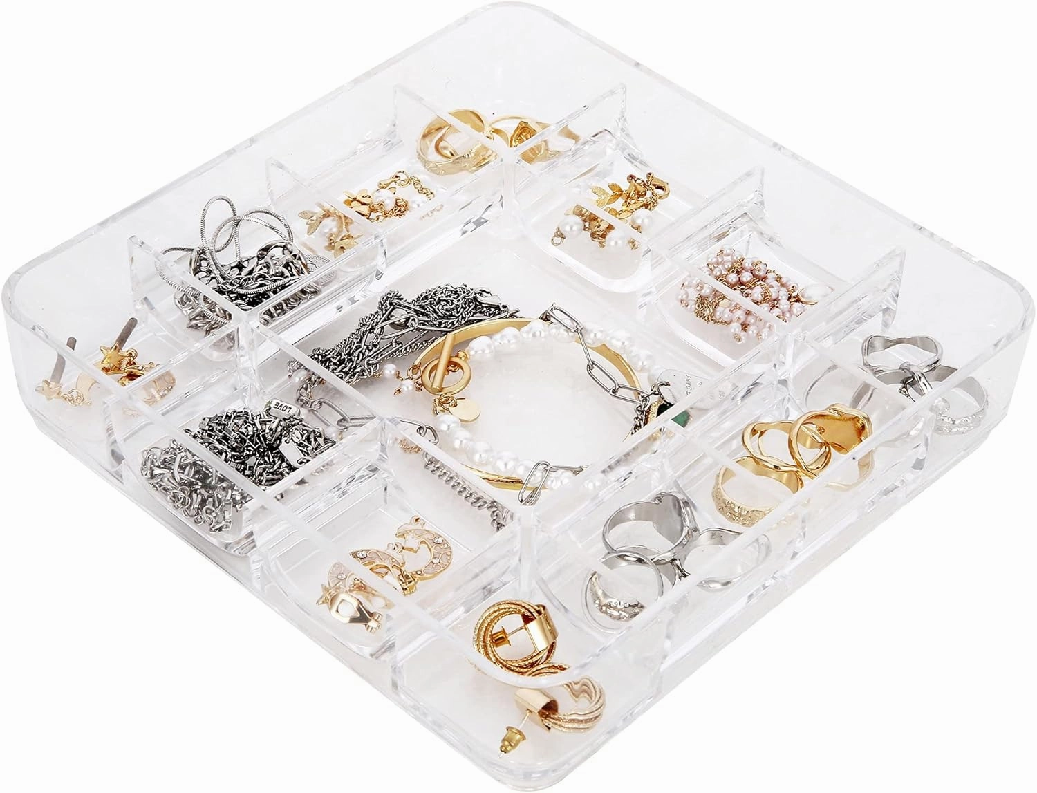 Vanity Tray, 13-Compartment Stacking Jewelry Tray, ROSELIFE Acrylic Cosmetic Storage Box, Jewelry Ring Dish Holder, Used for Necklaces, Earrings, Pearls, Rings, Bracelet, Watches, etc. Transparent