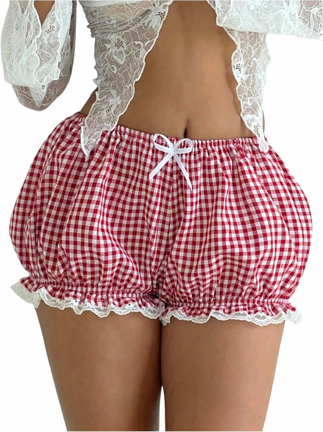 Verdusa Women's Gingham Plaid Bow Mini Shorts Y2k Low Rise Lace Bloomers Ruffle Shorts