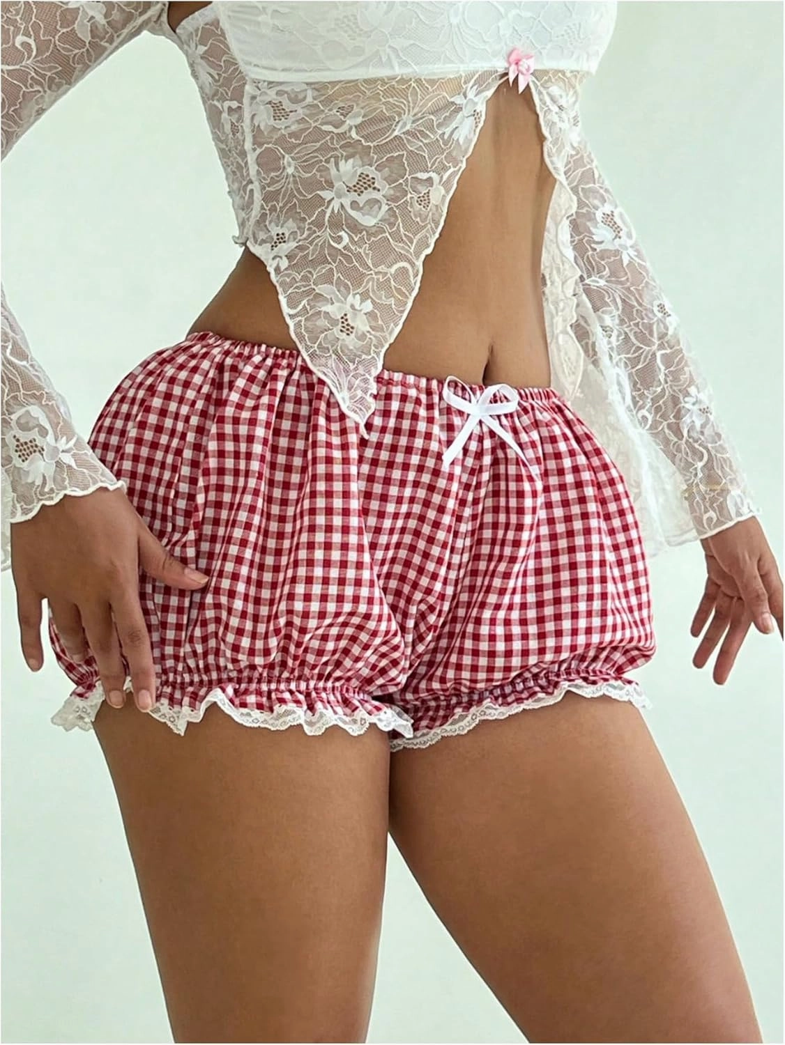 Verdusa Women's Gingham Plaid Bow Mini Shorts Y2k Low Rise Lace Bloomers Ruffle Shorts