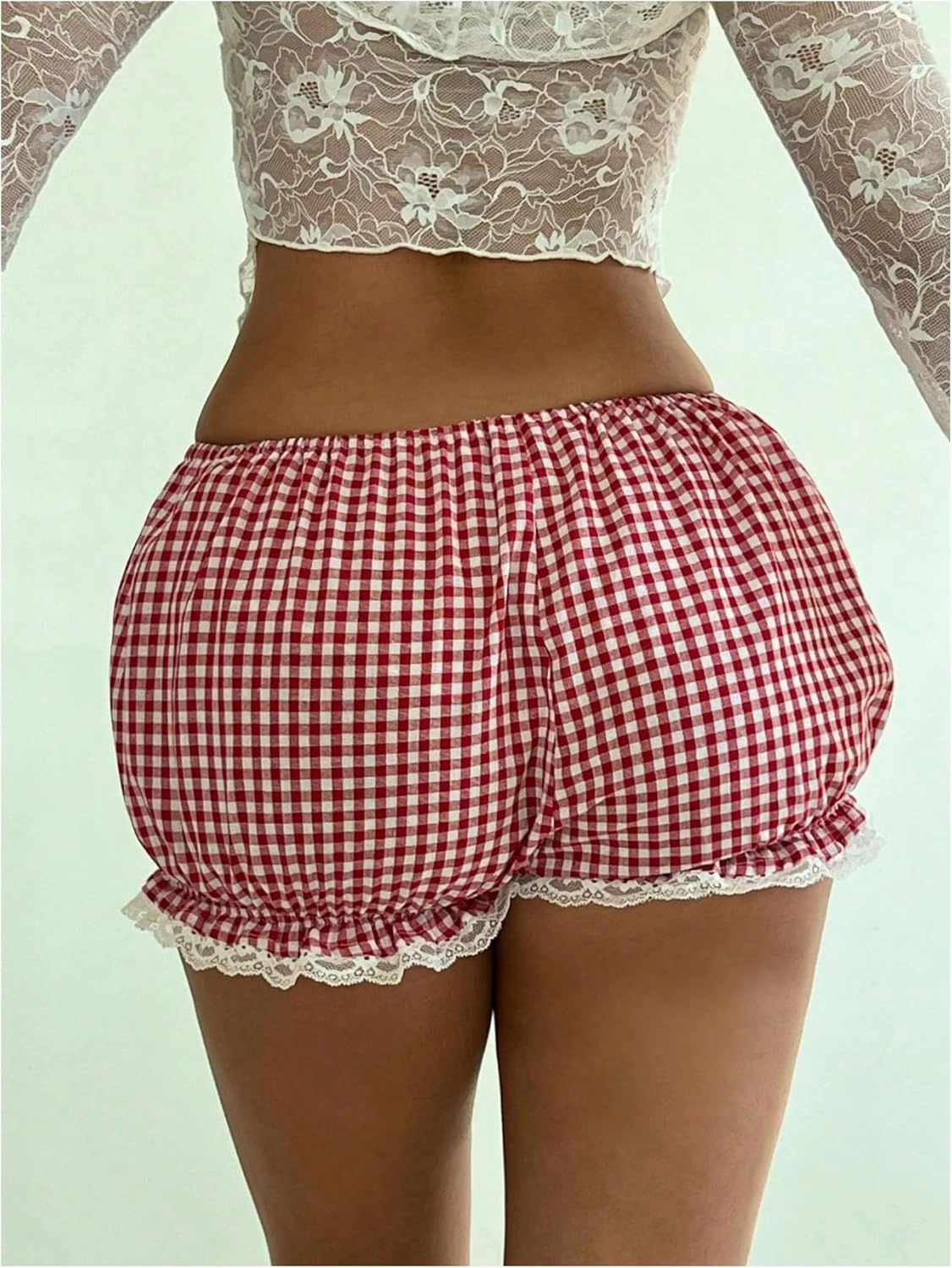 Verdusa Women's Gingham Plaid Bow Mini Shorts Y2k Low Rise Lace Bloomers Ruffle Shorts