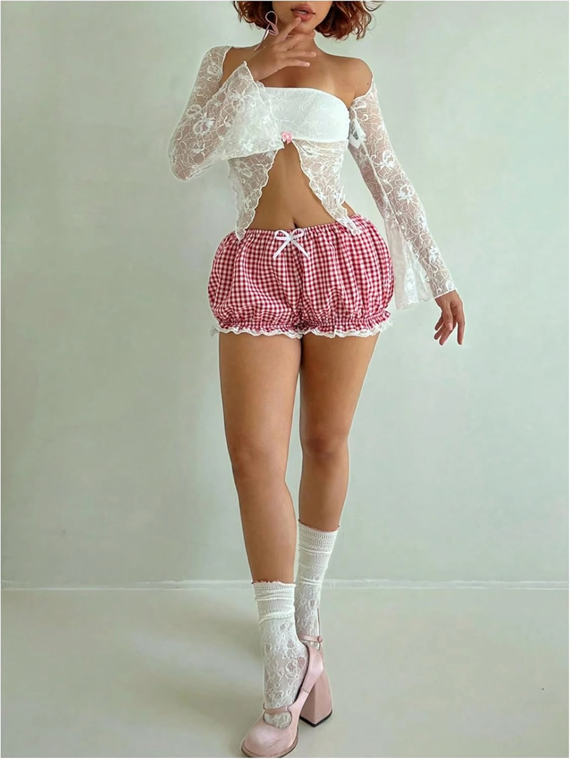 Verdusa Women's Gingham Plaid Bow Mini Shorts Y2k Low Rise Lace Bloomers Ruffle Shorts