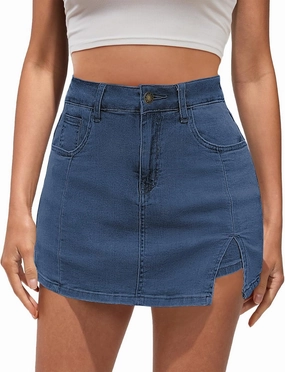 Vetinee Jean Skorts for Woman High Waisted Trendy Slit Stretchy Denim Skirt with Shorts Y2K Casual Summer Skorts Skirts