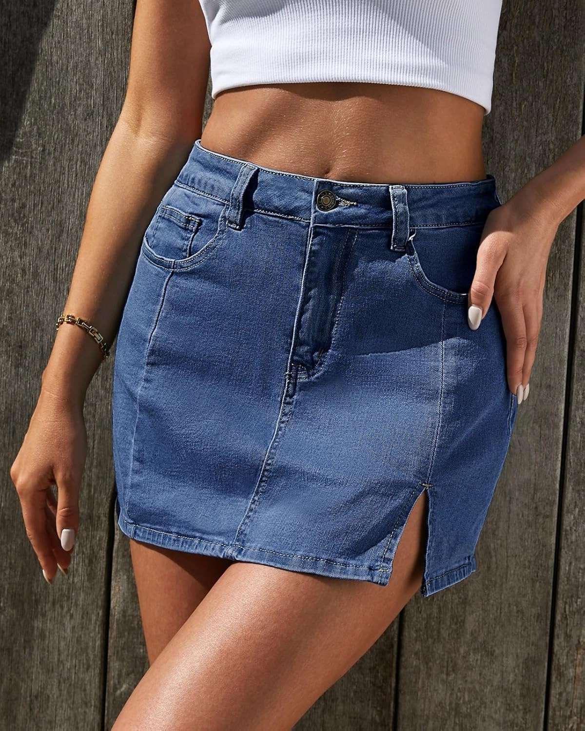 Vetinee Jean Skorts for Woman High Waisted Trendy Slit Stretchy Denim Skirt with Shorts Y2K Casual Summer Skorts Skirts