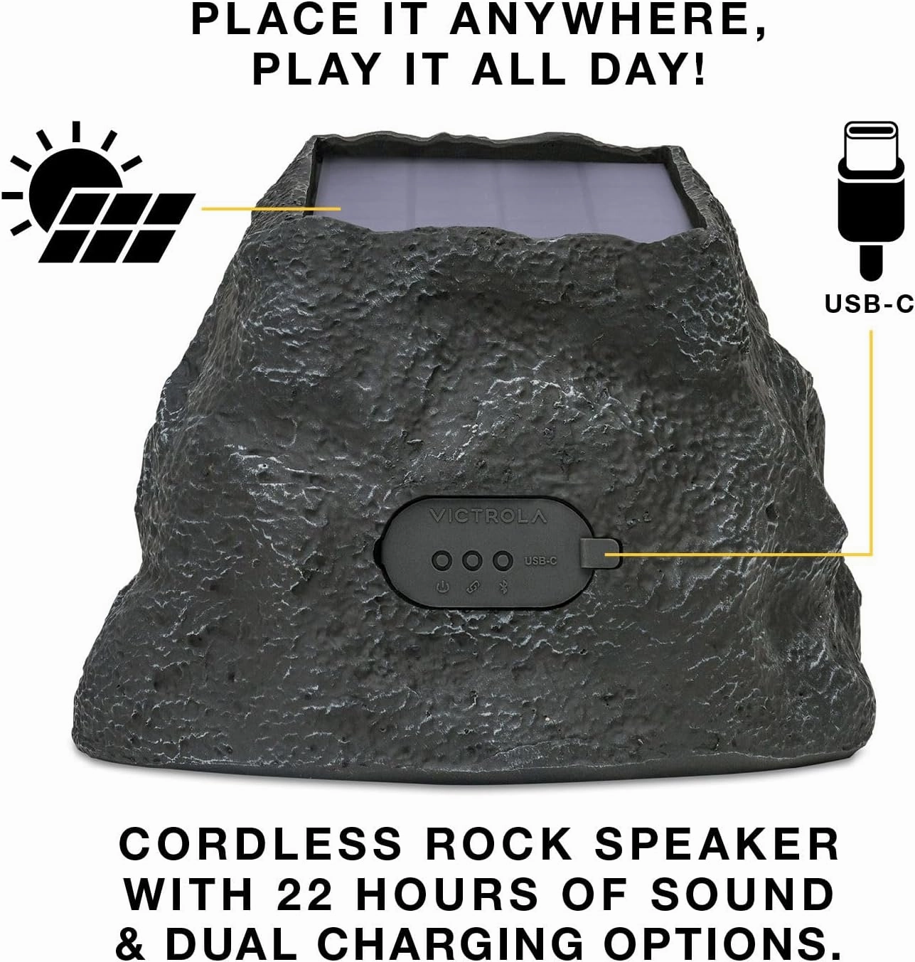 Victrola Rock Speaker Connect, Sand, Wireless Outdoor with Bluetooth 5.3, 22-Hour Battery Life, with Solar Charging, Link Up to 20 Rock Speakers, IP65 Water & Dust Resistant Speaker