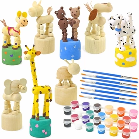 Vileafy Wooden Painting Crafts for Kids Ages 4-8, Unfinished Wood Animal Figures Paint Kit with 8 Brushes and 24 Paint Pots, DIY Arts and Crafts for Kids Painting Party Favors and Class Activities