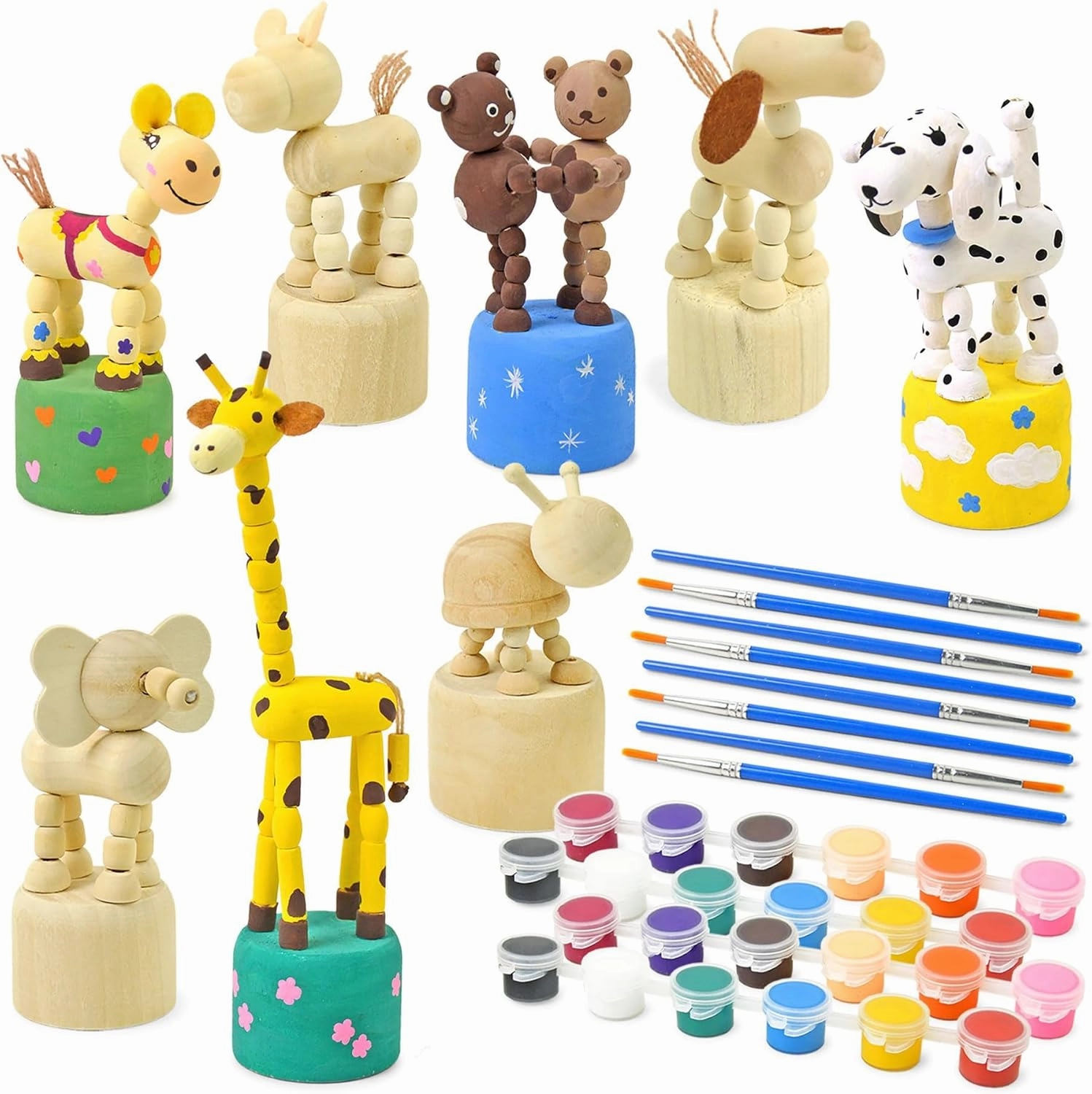 Vileafy Wooden Painting Crafts for Kids Ages 4-8, Unfinished Wood Animal Figures Paint Kit with 8 Brushes and 24 Paint Pots, DIY Arts and Crafts for Kids Painting Party Favors and Class Activities
