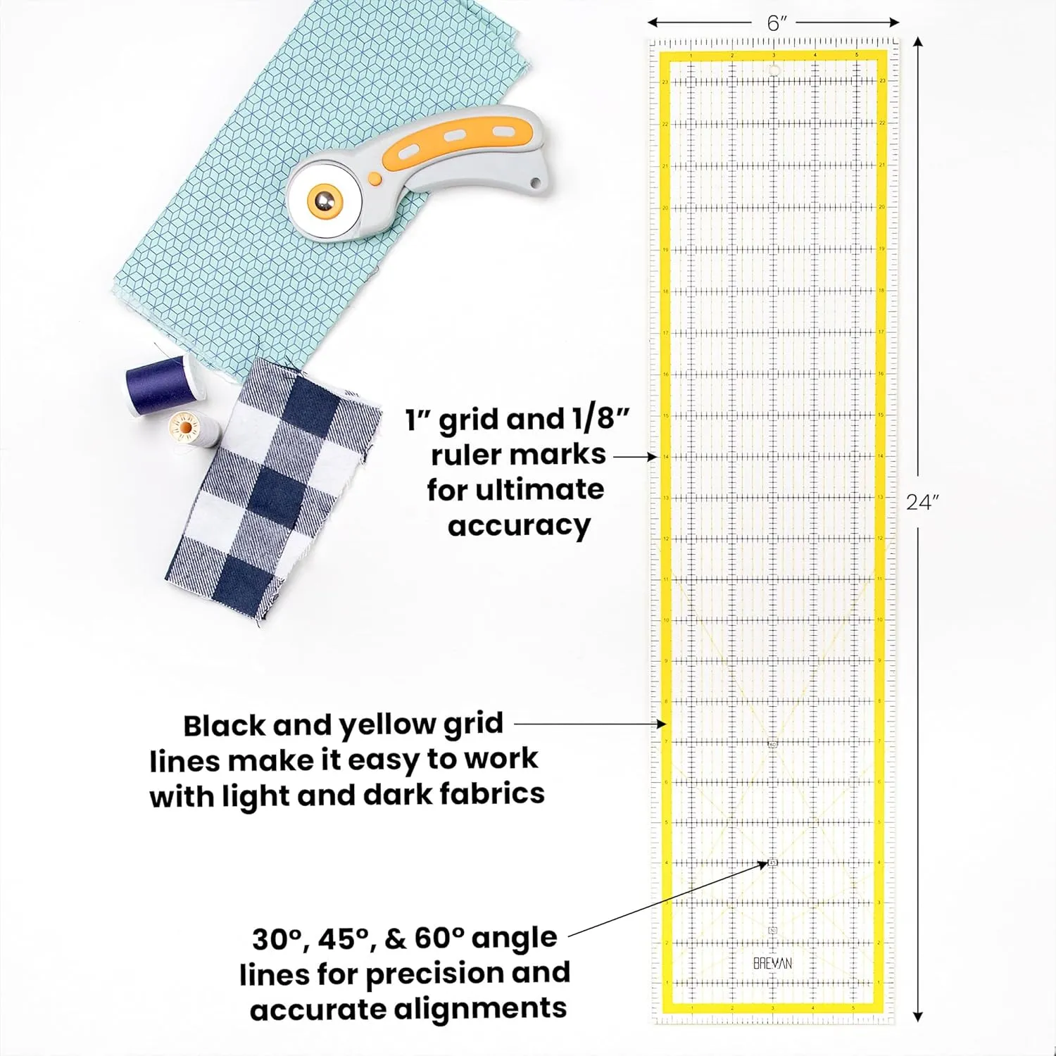 WA Portman Self Healing Cutting Mat & Rotary Cutter Set - 45mm Rotary Cutter for Fabric & 5 Extra Blades - 24x36 Inch Fabric Cutting Mats for Crafts - 6x24 Inch Acrylic Quilting Rulers for Crafting