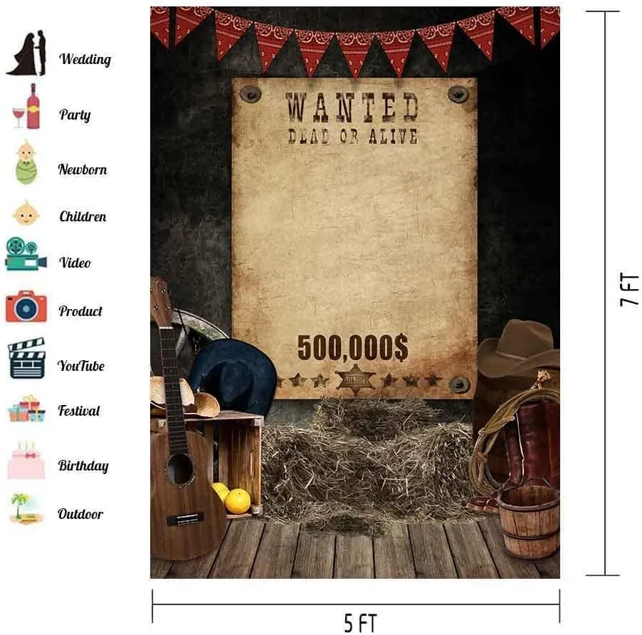 Wanted Background Western Cowboy Theme Party Decoration 5x7ft Wild West Hat Haystack Wood Board Backdrop for Carnival Cake Table Decor Photo Photography Studio Set Props BJLSVV831