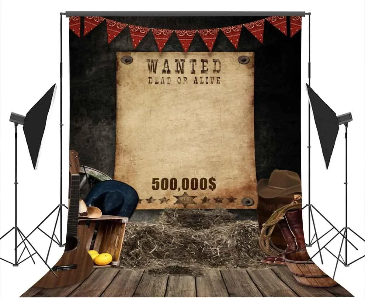 Wanted Background Western Cowboy Theme Party Decoration 5x7ft Wild West Hat Haystack Wood Board Backdrop for Carnival Cake Table Decor Photo Photography Studio Set Props BJLSVV831