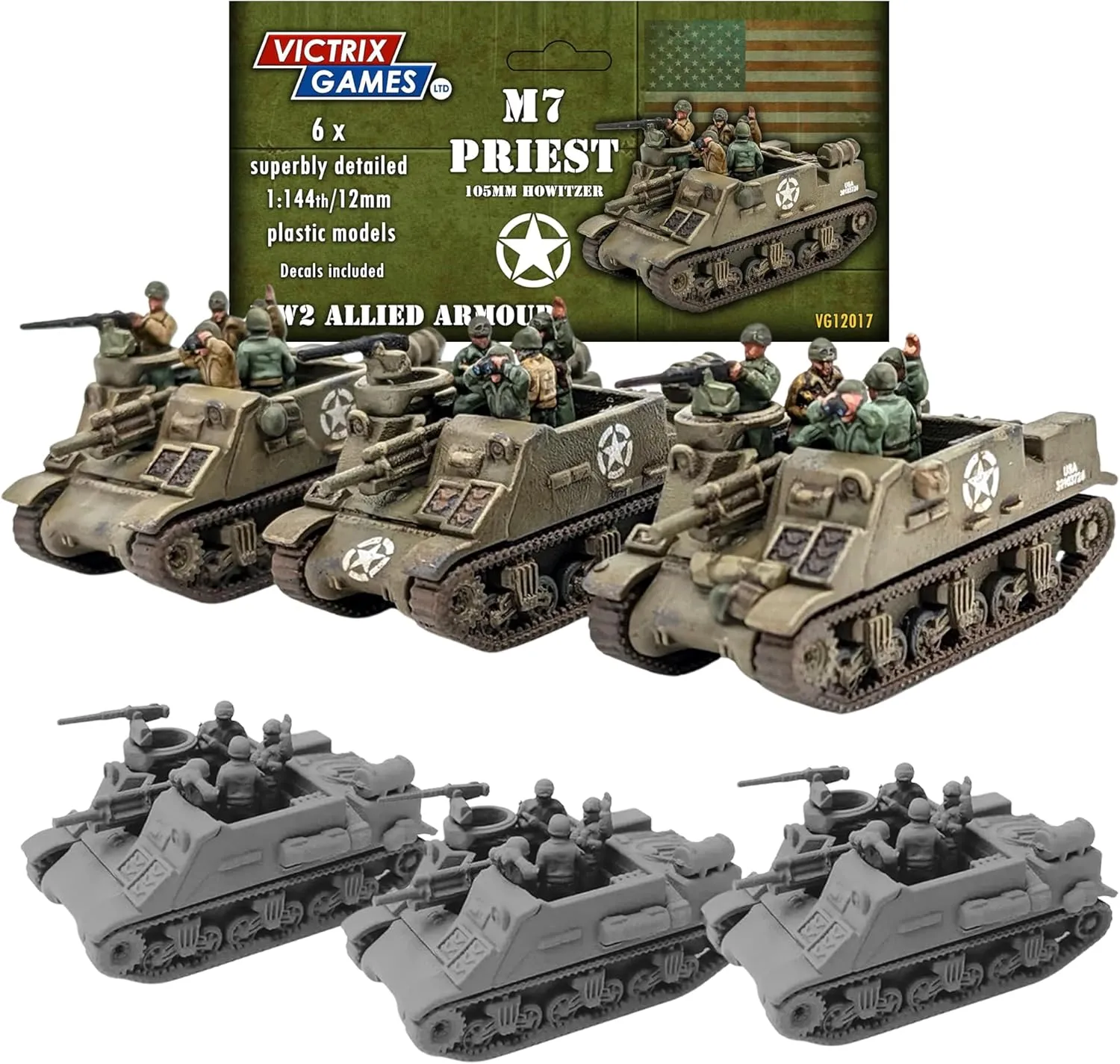 Wargames Delivered - Victrix 1:144 Scale M7 Priest Self-Propelled Gun – Highly Detailed WWII Model Kit for Wargaming with Allied Decals for British, and Commonwealth Forces
