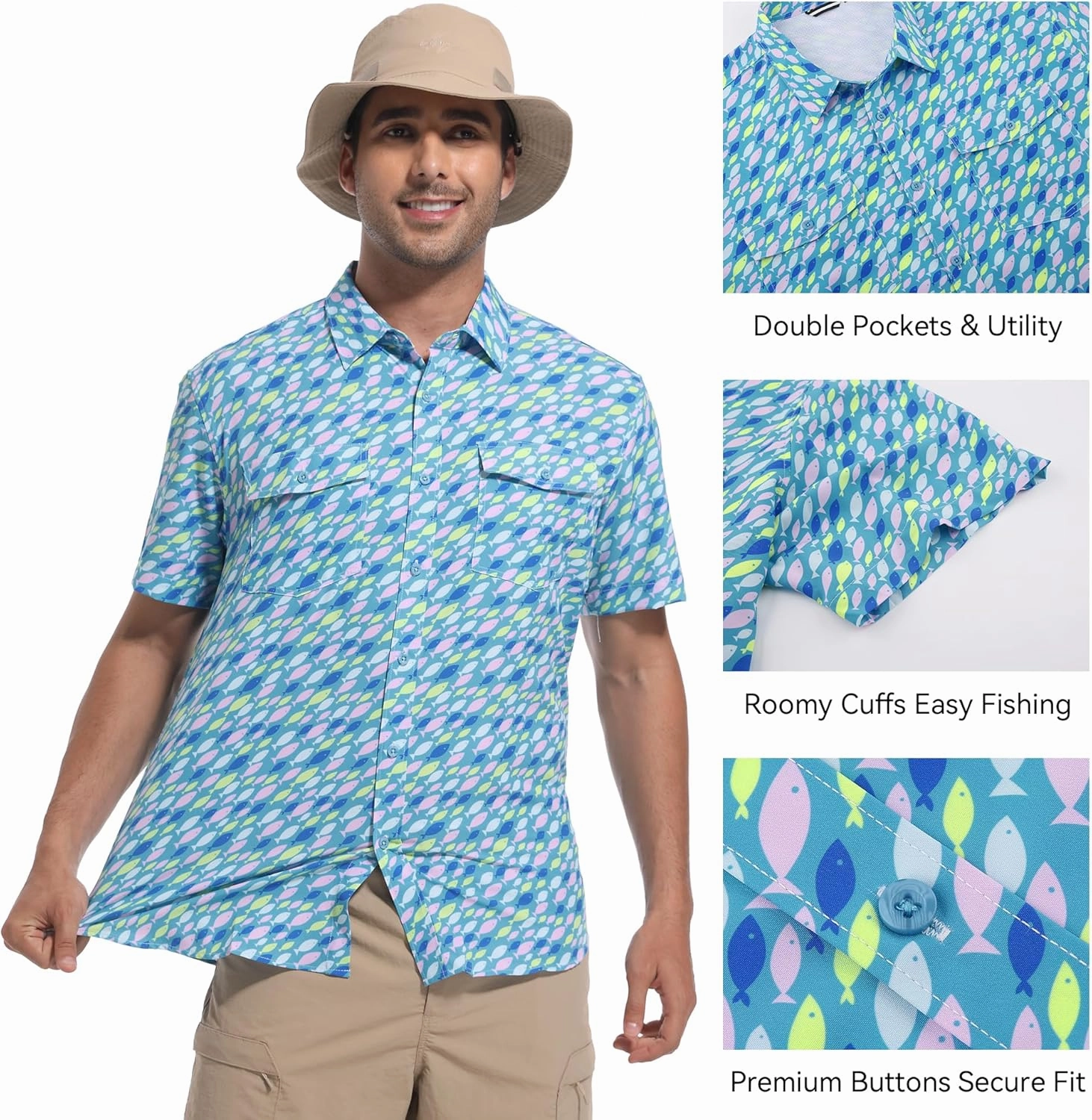 WARHORSEE Printed Fishing Shirts for Men UPF 50  Breathable Stretch Mens Button Down Short Sleeve Hiking Casual Shirts