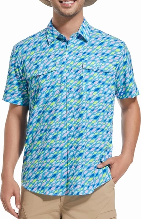 WARHORSEE Printed Fishing Shirts for Men UPF 50  Breathable Stretch Mens Button Down Short Sleeve Hiking Casual Shirts