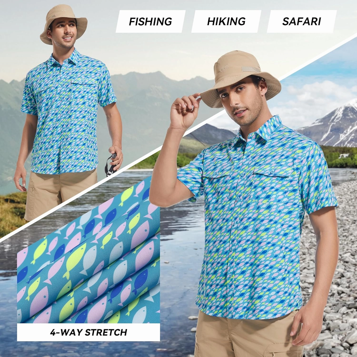 WARHORSEE Printed Fishing Shirts for Men UPF 50  Breathable Stretch Mens Button Down Short Sleeve Hiking Casual Shirts