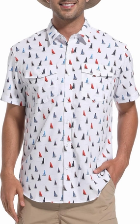 WARHORSEE Printed Fishing Shirts for Men UPF 50  Breathable Stretch Mens Button Down Short Sleeve Hiking Casual Shirts