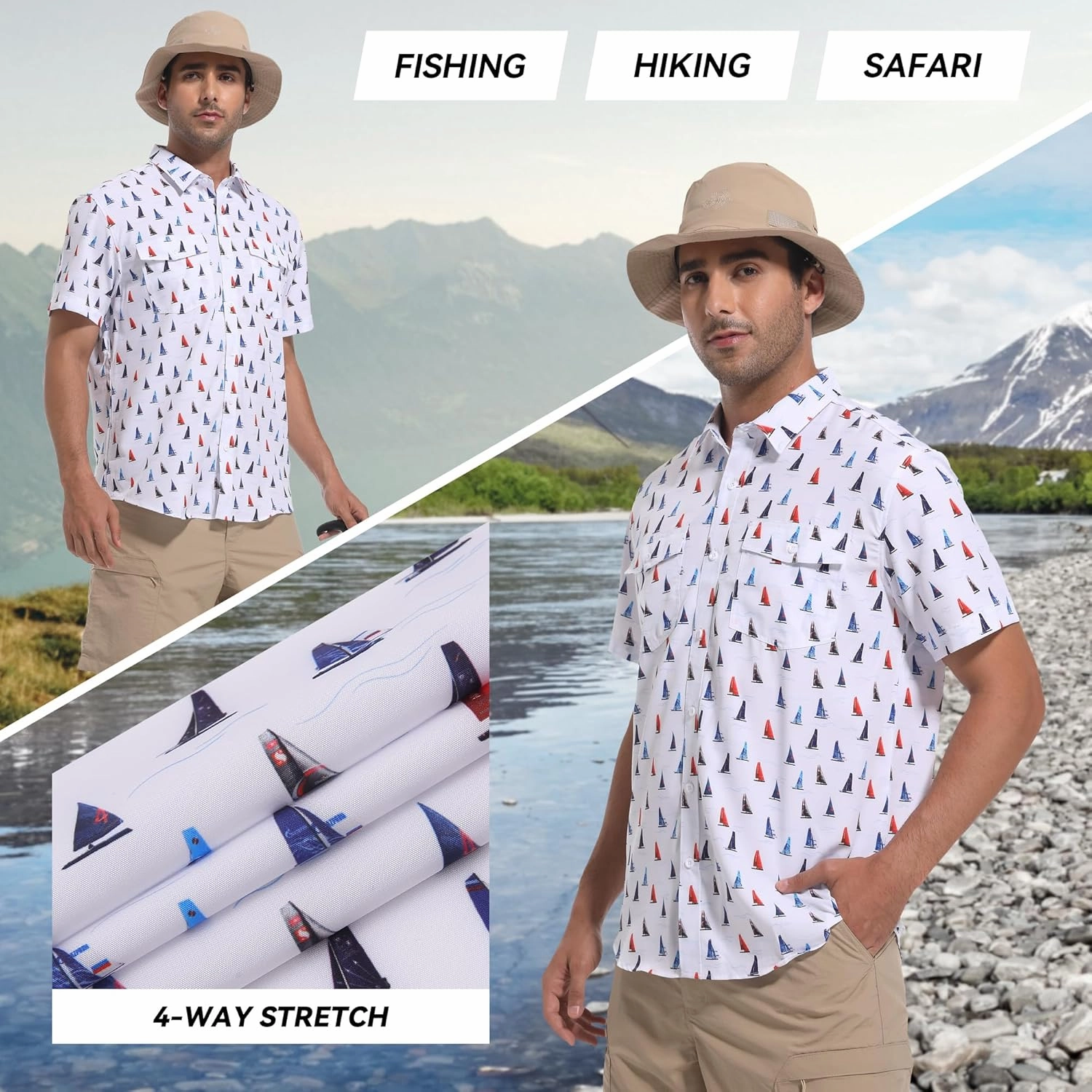 WARHORSEE Printed Fishing Shirts for Men UPF 50  Breathable Stretch Mens Button Down Short Sleeve Hiking Casual Shirts