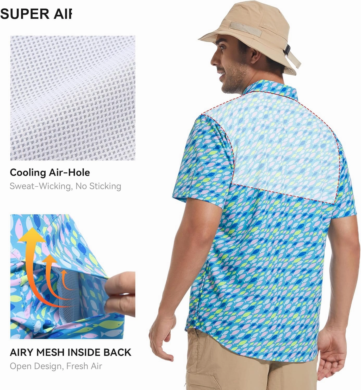 WARHORSEE Printed Fishing Shirts for Men UPF 50  Breathable Stretch Mens Button Down Short Sleeve Hiking Casual Shirts