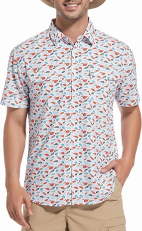 WARHORSEE Printed Fishing Shirts for Men UPF 50  Breathable Stretch Mens Button Down Short Sleeve Hiking Casual Shirts