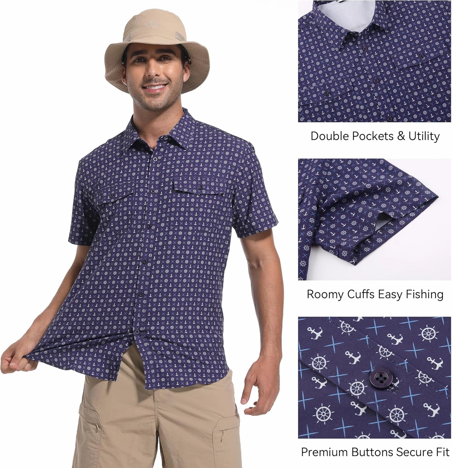 WARHORSEE Printed Fishing Shirts for Men UPF 50  Breathable Stretch Mens Button Down Short Sleeve Hiking Casual Shirts