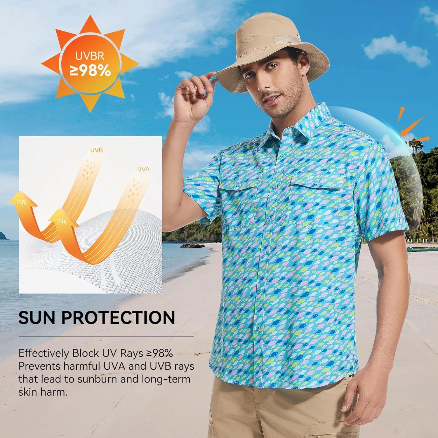 WARHORSEE Printed Fishing Shirts for Men UPF 50  Breathable Stretch Mens Button Down Short Sleeve Hiking Casual Shirts