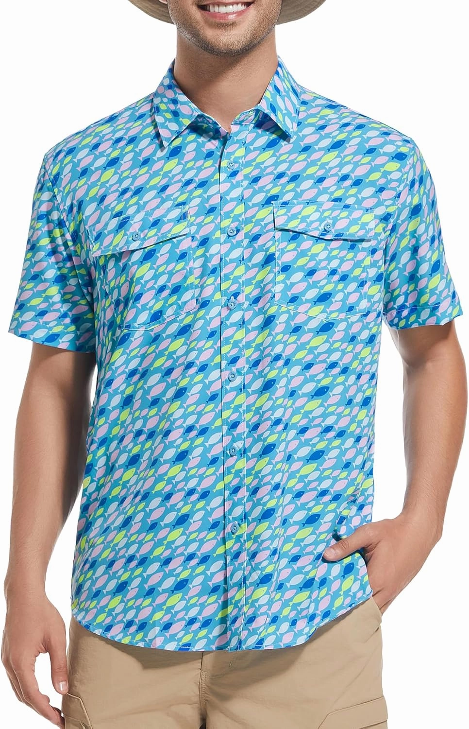 WARHORSEE Printed Fishing Shirts for Men UPF 50  Breathable Stretch Mens Button Down Short Sleeve Hiking Casual Shirts