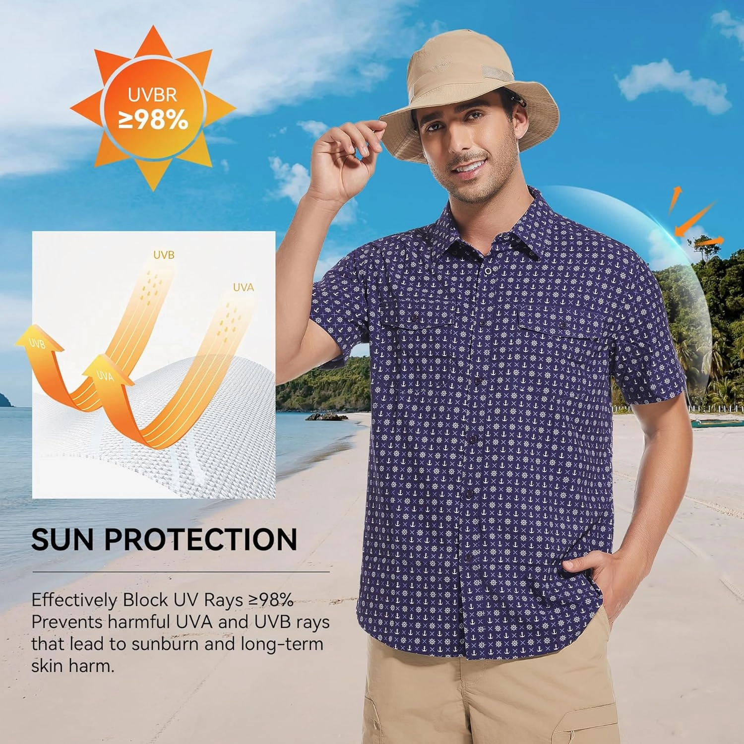 WARHORSEE Printed Fishing Shirts for Men UPF 50  Breathable Stretch Mens Button Down Short Sleeve Hiking Casual Shirts