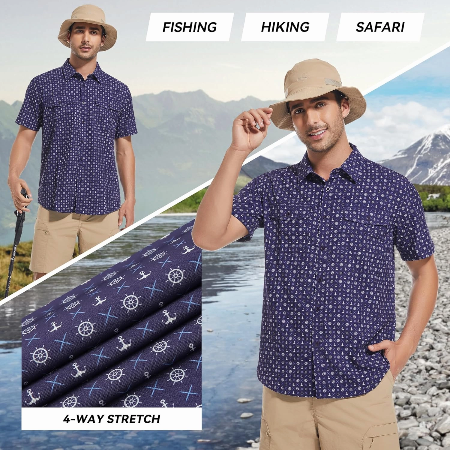 WARHORSEE Printed Fishing Shirts for Men UPF 50  Breathable Stretch Mens Button Down Short Sleeve Hiking Casual Shirts