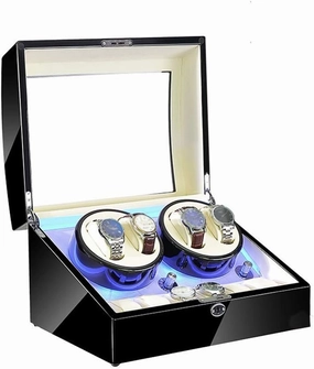 Watch Watch Winder Box for 4 Automatic Watches 6 Storage Blue LED Light 4 Rotation Mode Setting Wood High Gloss Black
