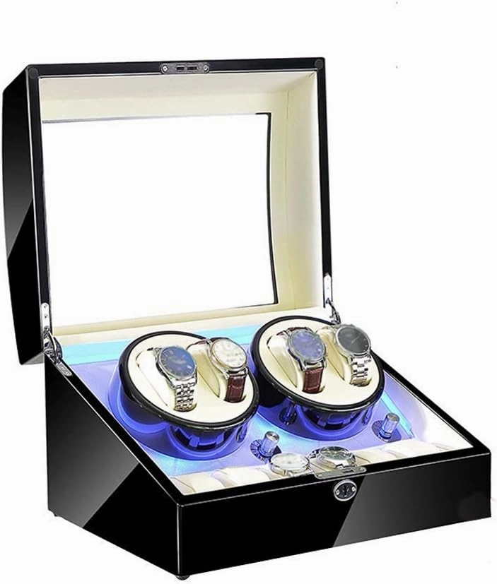 Watch Watch Winder Box for 4 Automatic Watches 6 Storage Blue LED Light 4 Rotation Mode Setting Wood High Gloss Black