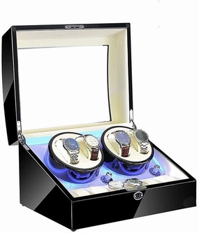 Watch Winder Box for 4 Automatic Watches 6 Storage, Blue LED Light, 4 Rotation Mode Setting, Wood High Gloss Black