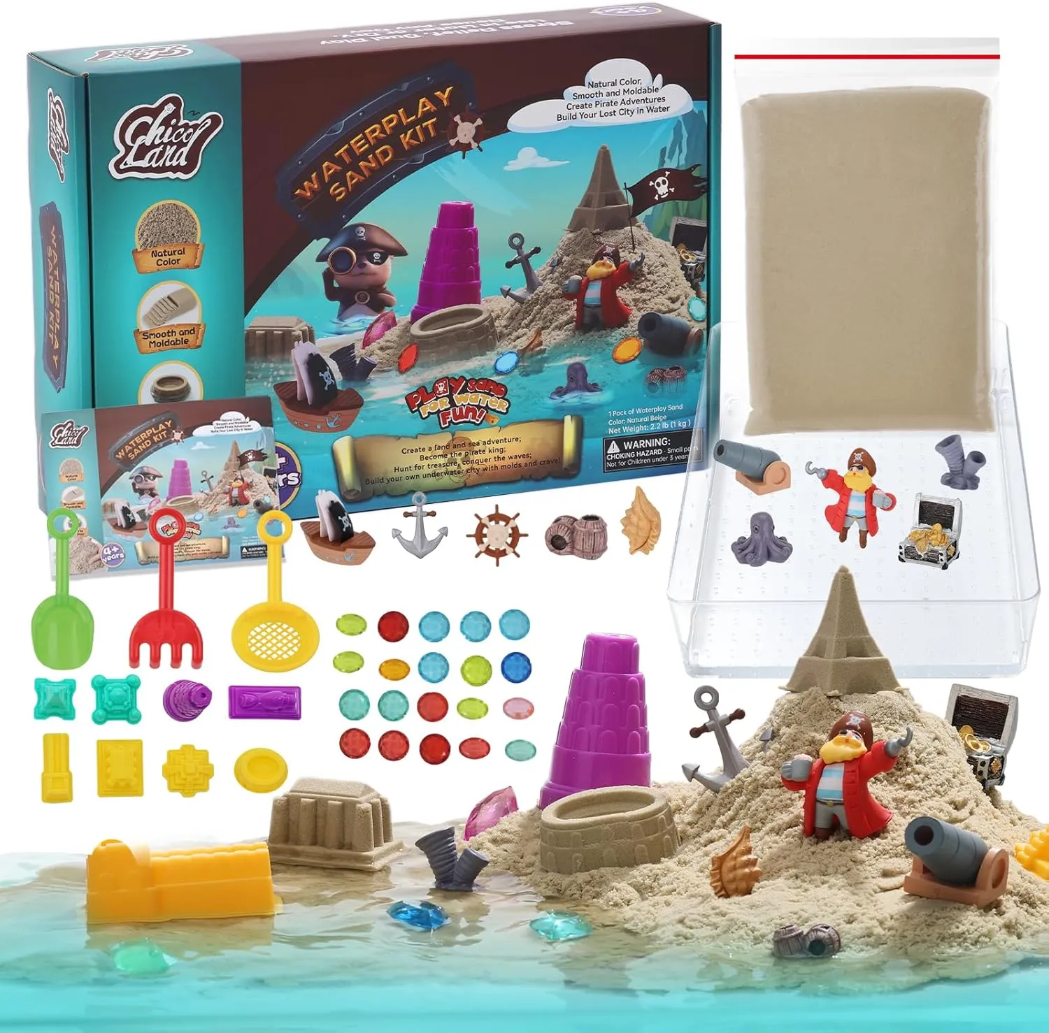 Waterplay Sand Kit – 2.2lb Pirate Adventure Sensory Sand for Summer Water Fun, Build Underwater Cities, Pirate Accessories, Molds, Gems, Tray & Tools, Outdoor Toy Gift for Kids Ages 4 