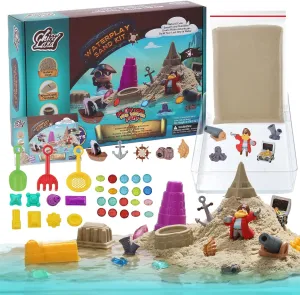 Waterplay Sand Kit – 2.2lb Pirate Adventure Sensory Sand for Summer Water Fun, Build Underwater Cities, Pirate Accessories, Molds, Gems, Tray & Tools, Outdoor Toy Gift for Kids Ages 4 