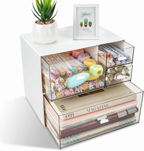 WCHOSOZH Desk Organizer with 4 Drawers for Vanity, Plastic Clear Makeup Organizer Case, Cosmetic Storage Box for Skin Care Brushes Lipstick Office Stationery Cotton Swabs and Cotton Balls
