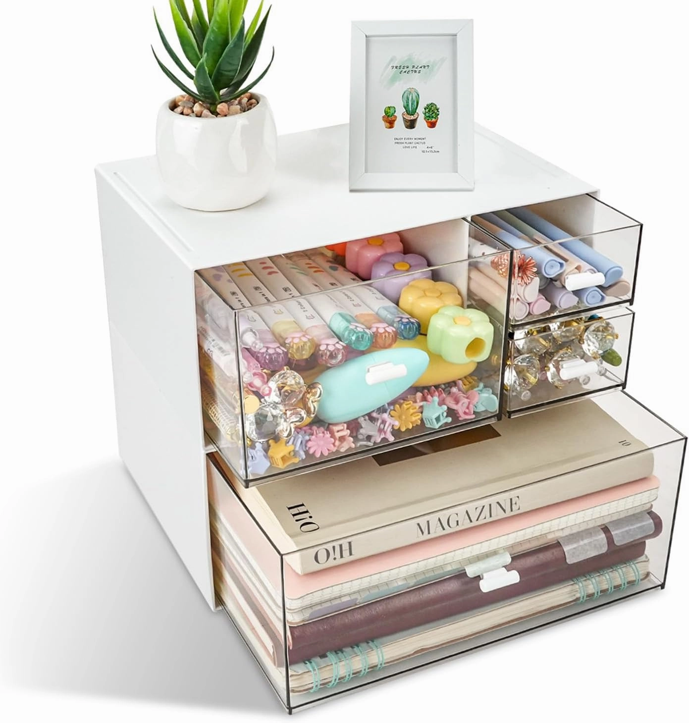 WCHOSOZH Desk Organizer with 4 Drawers for Vanity, Plastic Clear Makeup Organizer Case, Cosmetic Storage Box for Skin Care Brushes Lipstick Office Stationery Cotton Swabs and Cotton Balls