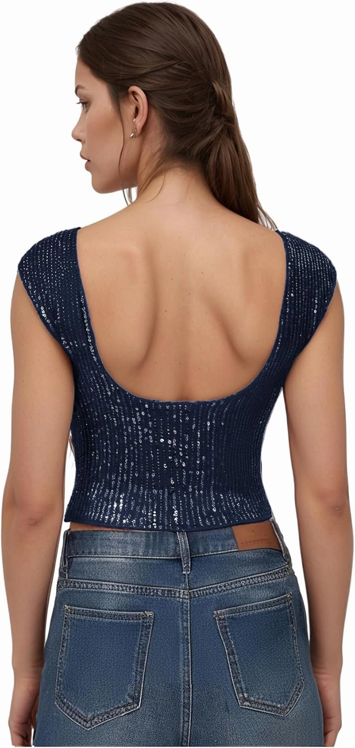 WDIRARA Women's Sequin Boat Neck Shirts Sparkle Glitter Backless Tee Cap Sleeve Crop Tops