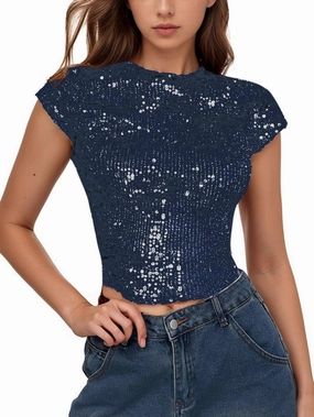 WDIRARA Women's Sequin Boat Neck Shirts Sparkle Glitter Backless Tee Cap Sleeve Crop Tops
