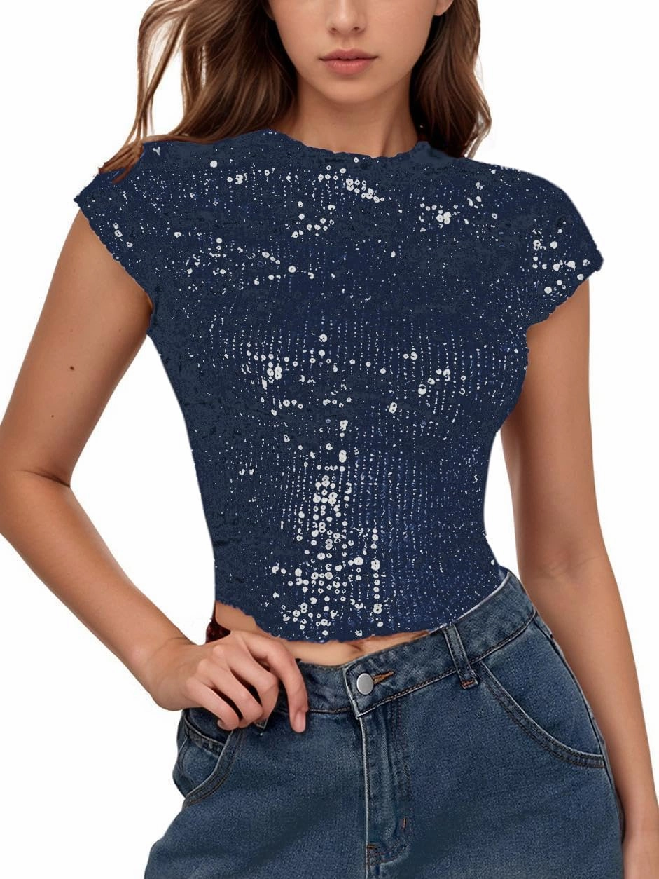 WDIRARA Women's Sequin Boat Neck Shirts Sparkle Glitter Backless Tee Cap Sleeve Crop Tops