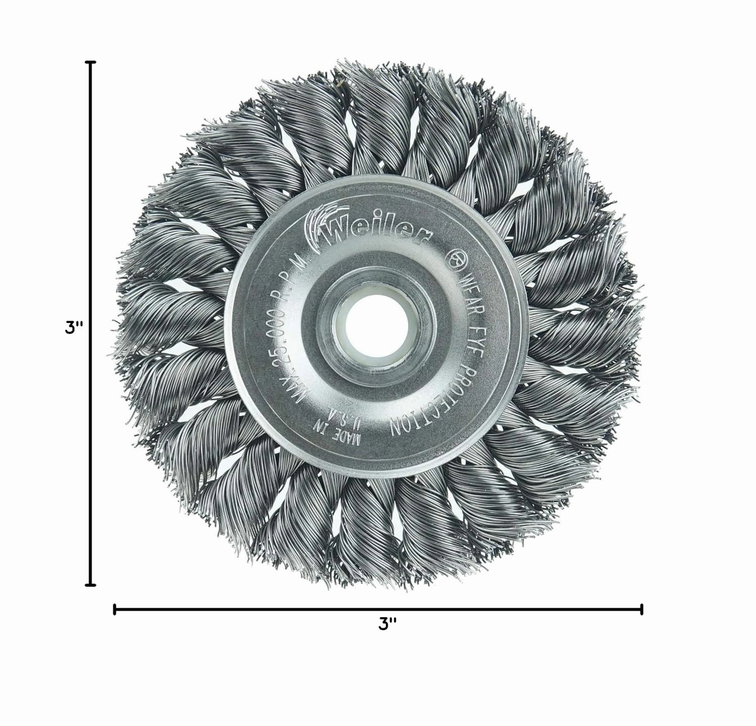 Weiler 08014 3" Standard Twist Knot Wire Wheel .014" Steel Fill 1/2"-3/8" Arbor Hole Made in the USA