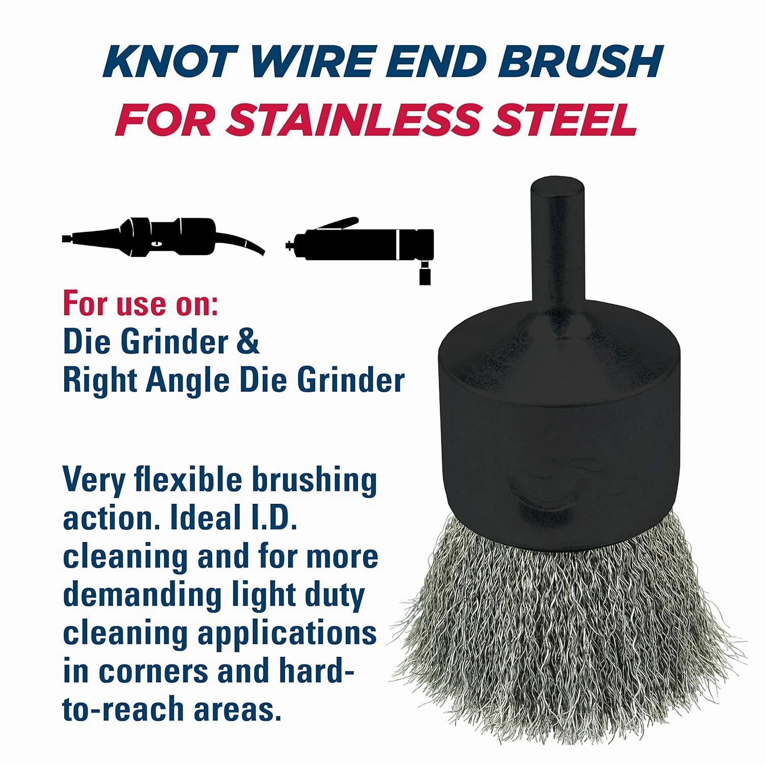 Weiler 10021 0.006" Wire Size, 1" Diameter, 302 Stainless Steel Bristles, Solid End, Stem-Mounted Crimped Wire End Brush, Made in the USA