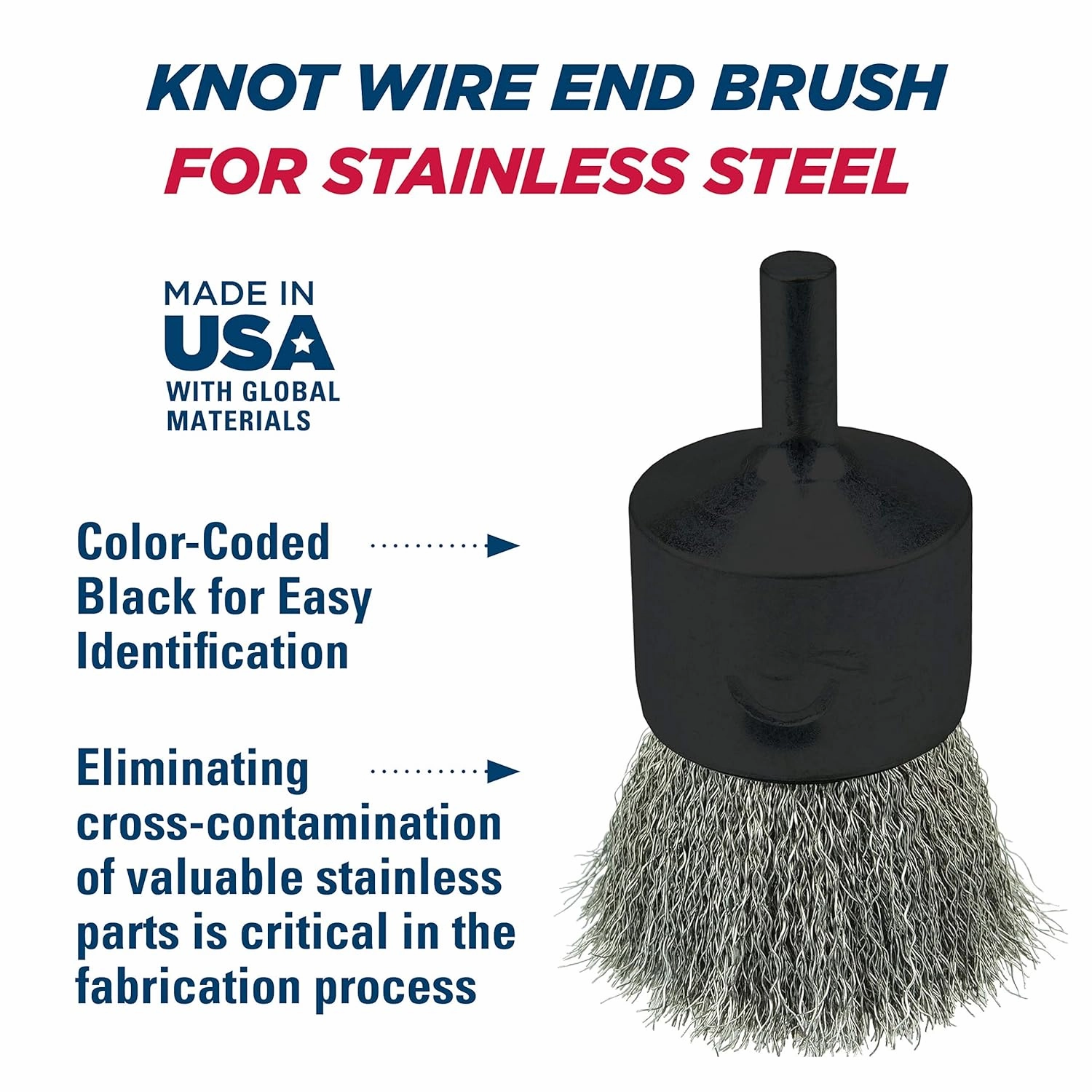 Weiler 10021 0.006" Wire Size, 1" Diameter, 302 Stainless Steel Bristles, Solid End, Stem-Mounted Crimped Wire End Brush, Made in the USA