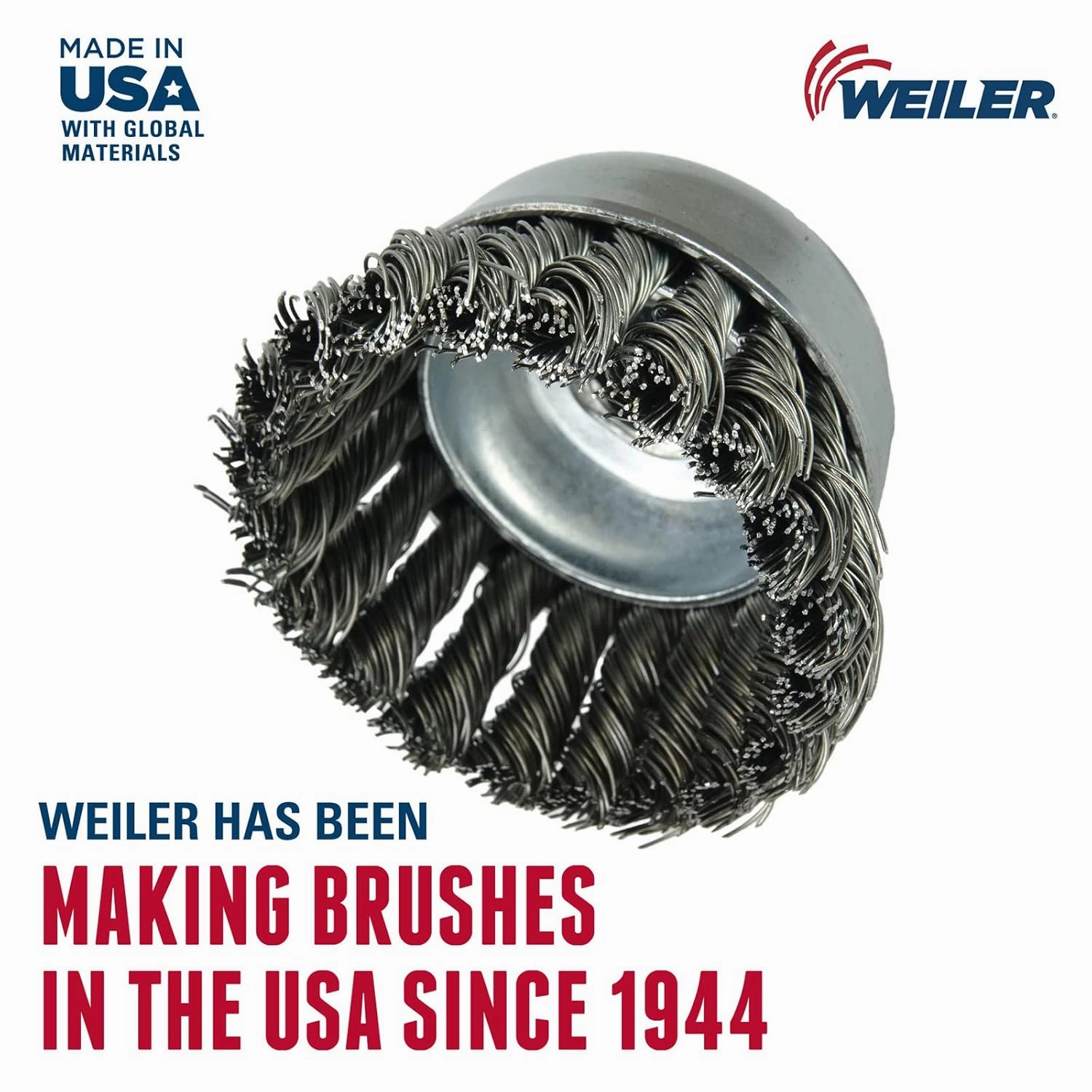 Weiler 13285 2-3/4" Single Row Knot Wire Cup Brush, .020" Steel Fill, 1/2"-13 UNC Nut, Made in the USA