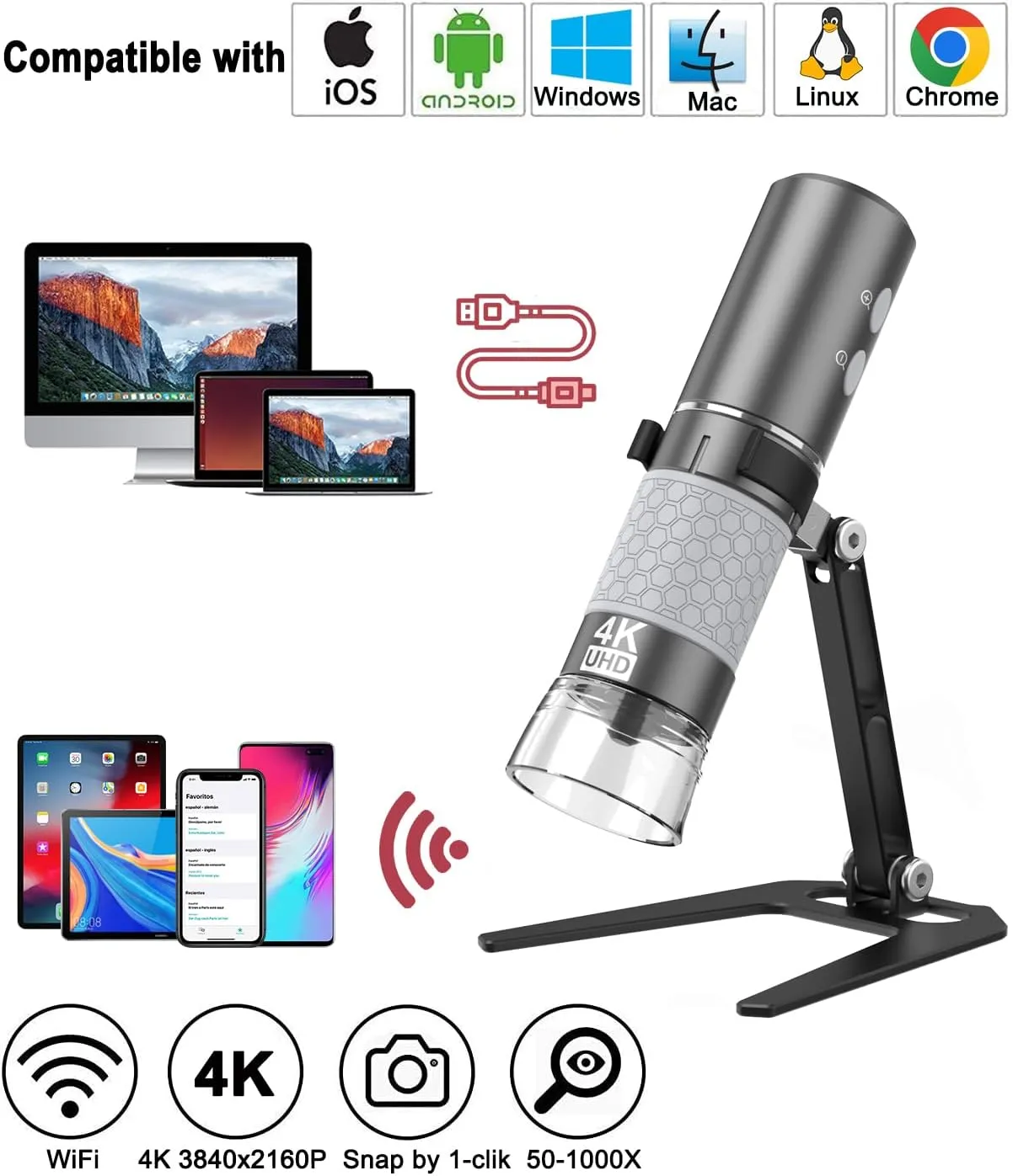 WiFi USB Digital Handheld Microscope, 50 to 1000x Wireless Magnification Endoscope 4K 3840x2160P Camera 8 LEDs with Metal Stand for iPhone iPad Android Mac Windows Linux Chrome